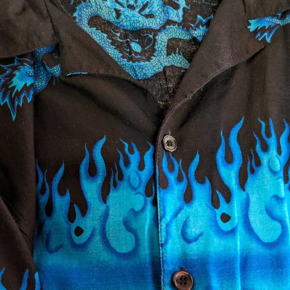 Vintage Shirt Men's Large Black Blue Flames Button Up Short Sleeve Dragon AOP - Picture 7 of 7